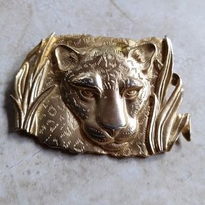 Vintage 80s Jonette Jewelry Goldtone Leopard Jungle Cat Plaque Large Pin Brooch
